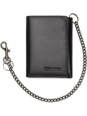 Genuine Leather Trifold Wallet with Chain, RFID Blocking, Anti-Theft for Bikers